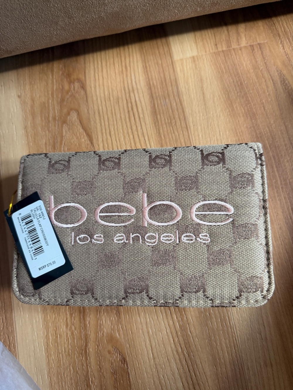 bebe Beige Monogram Zip Wallet with Pink Logo